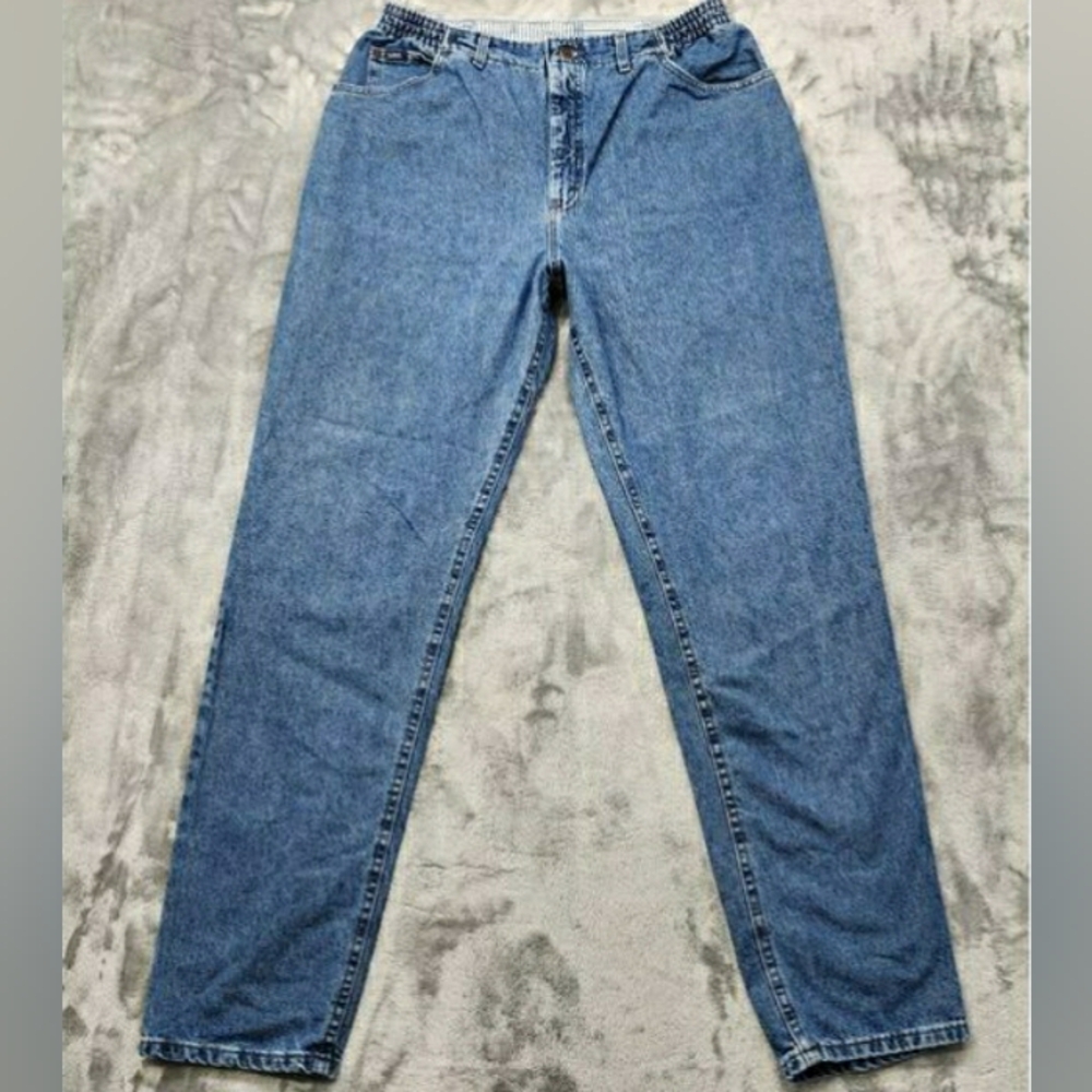 Vintage Lee Jeans Womens 20W LONG Blue High Rise Tapered Leg Elastic Waist Mom